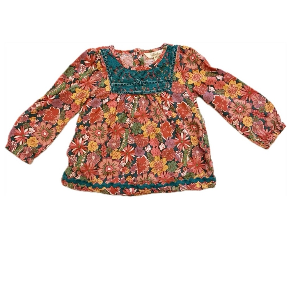Matilda Jane Orange and Teal Embroidered Boho Blouse with Balloon Sleeves